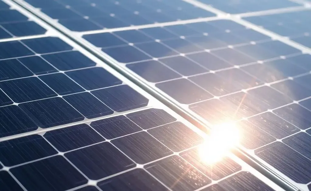 Close-up of solar panels gleaming in sunlight