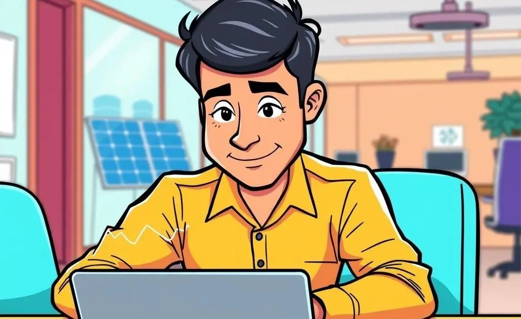Cartoon-style image of a man with a laptop analyzing solar panel stock growth on a graph.