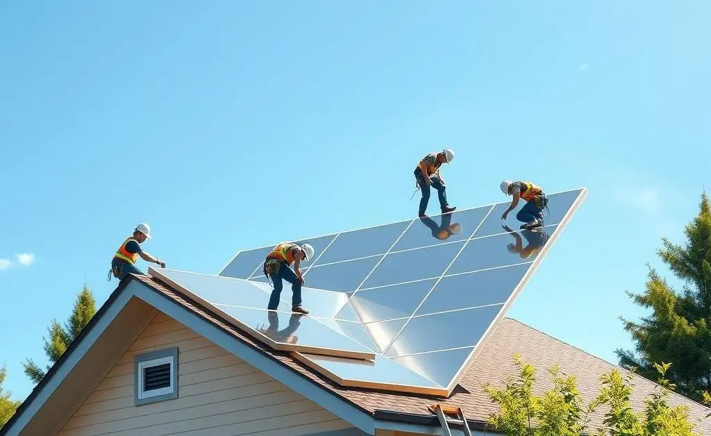 Solar panels being installed on a house roof