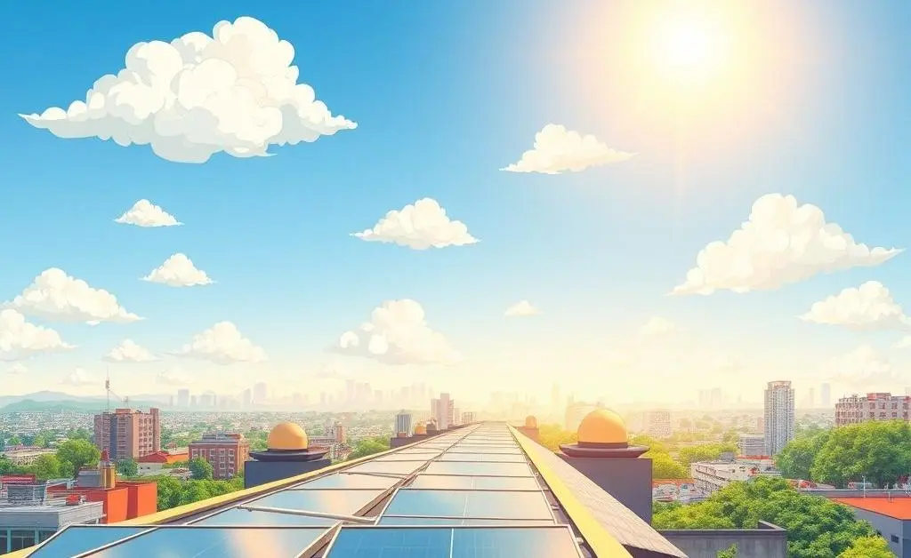 Rooftop view showcasing solar panels under a bright sky.