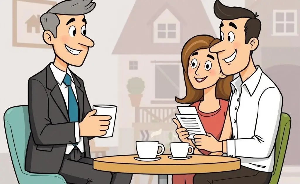A cartoon scene with a solicitor talking to a couple about house details