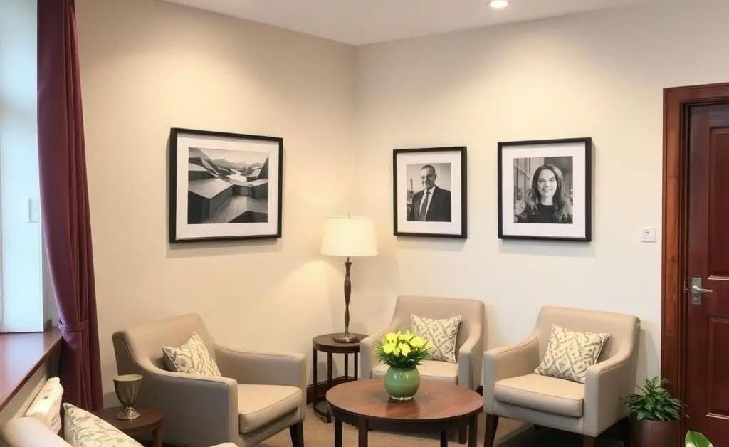 Comfortable and welcoming solicitor's office with seating area.