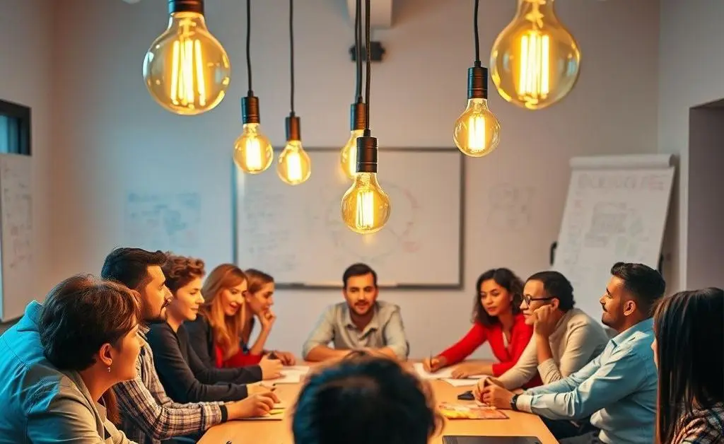 Group brainstorming with lightbulbs overhead, symbolizing finding solutions.