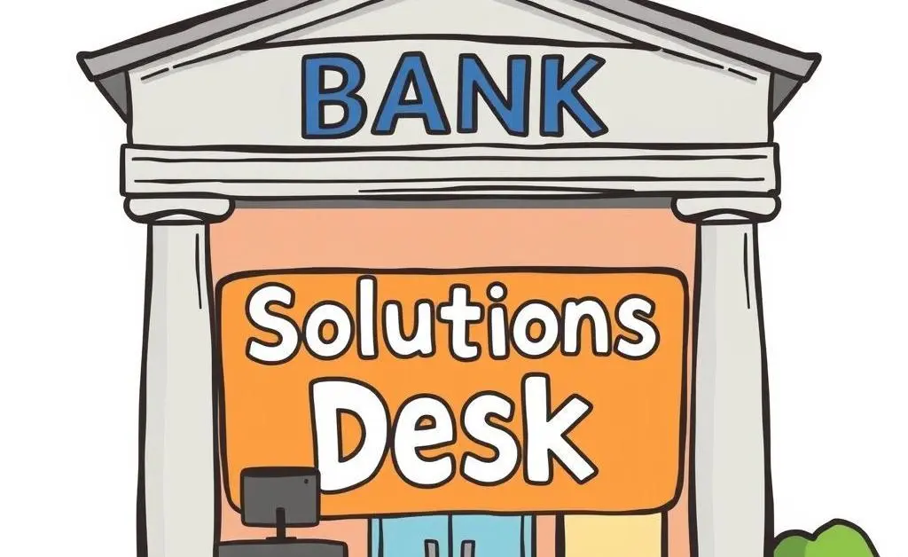A cartoon-style drawing of a bank with a large sign reading 'Solutions Desk'.