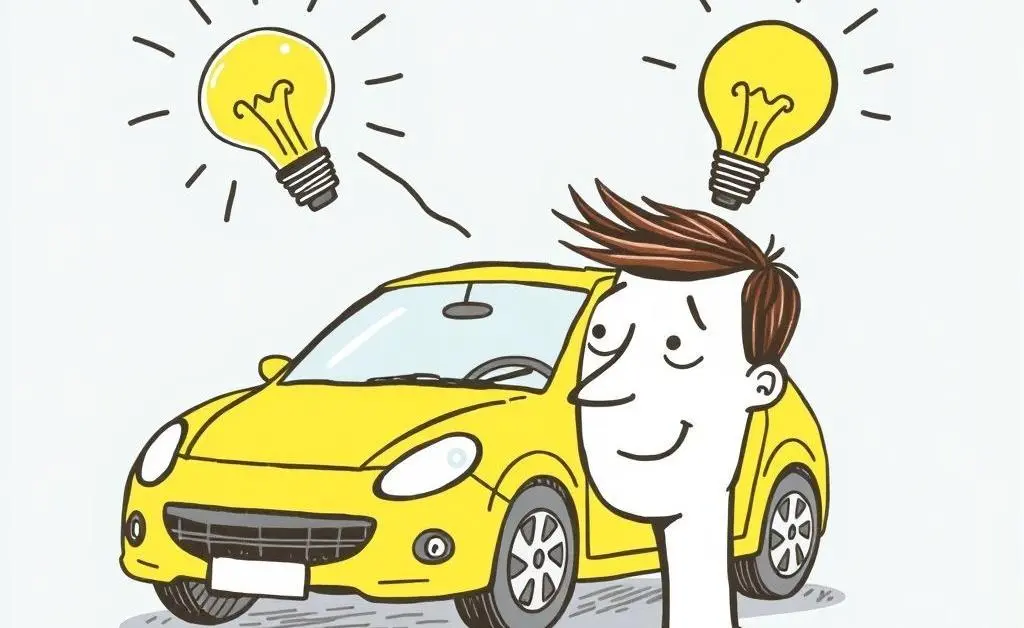 Hand-drawn illustration of a person having a lightbulb moment while understanding car insurance, with a happy car in the background