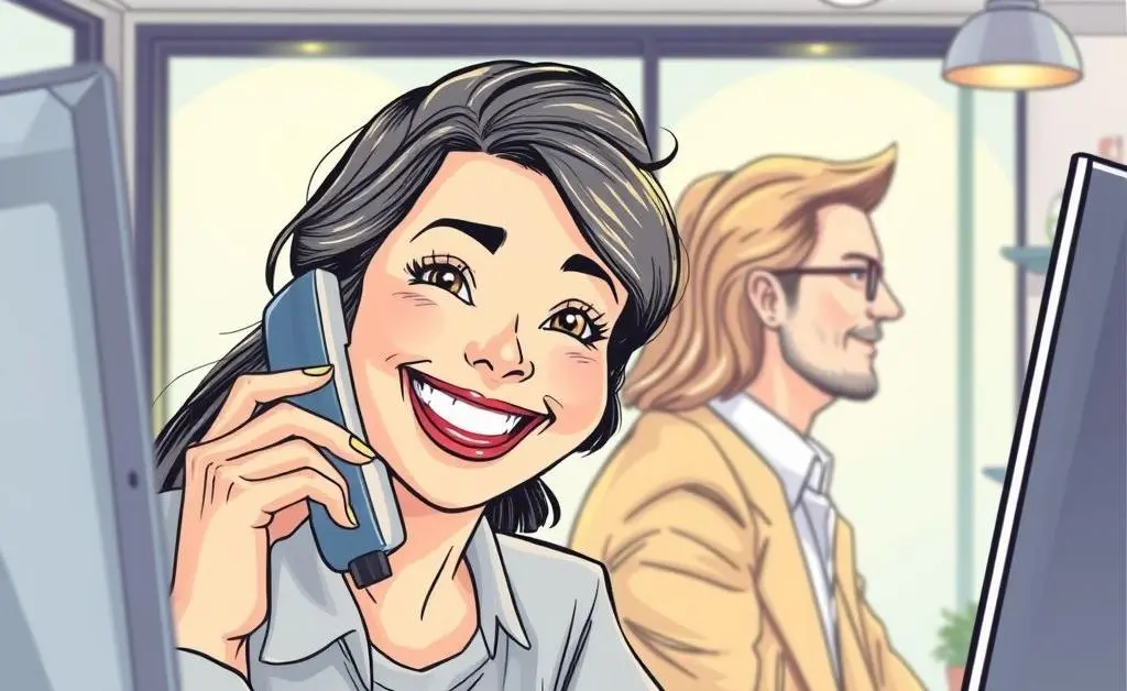 A drawing of a person on the phone with an insurance agent, both smiling.