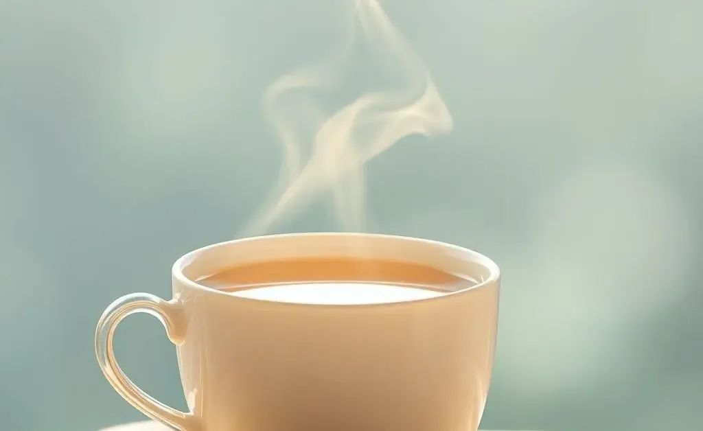 A calming image featuring a steaming cup of tea and a serene background