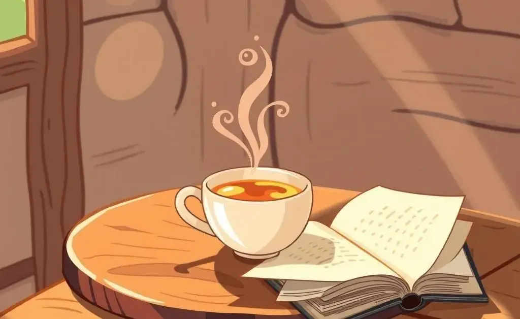 A steaming cup of tea on a cozy table with a book beside it.