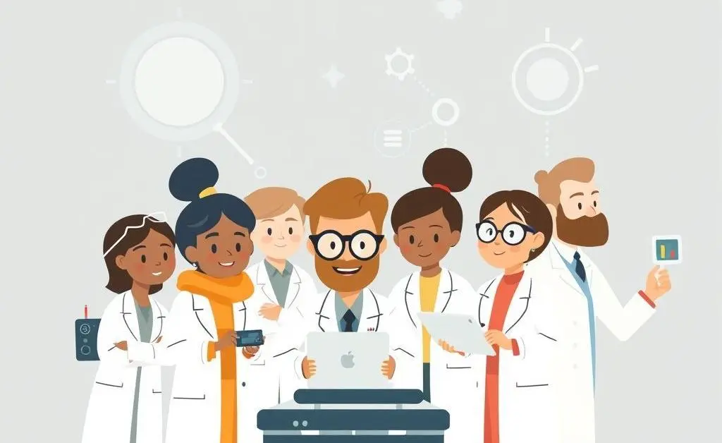 A minimalist cartoon depiction of diverse scientists and engineers collaborating with futuristic technology