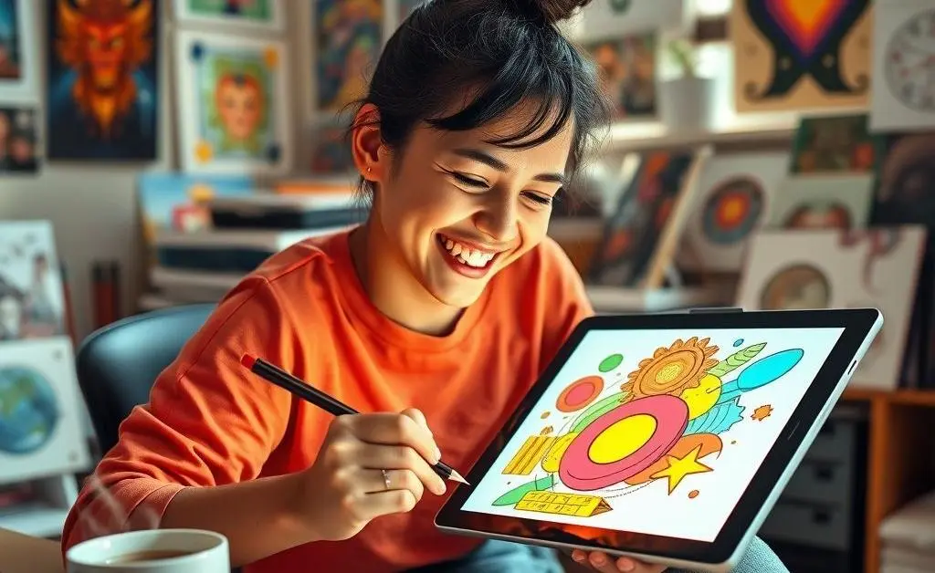 Person illustrating bright designs on a tablet with coffee beside them