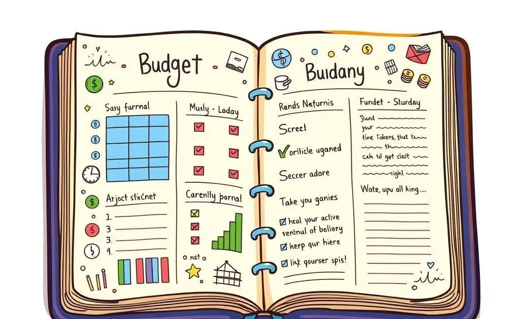 Cartoon illustration of a bullet journal with budget sections and notes.
