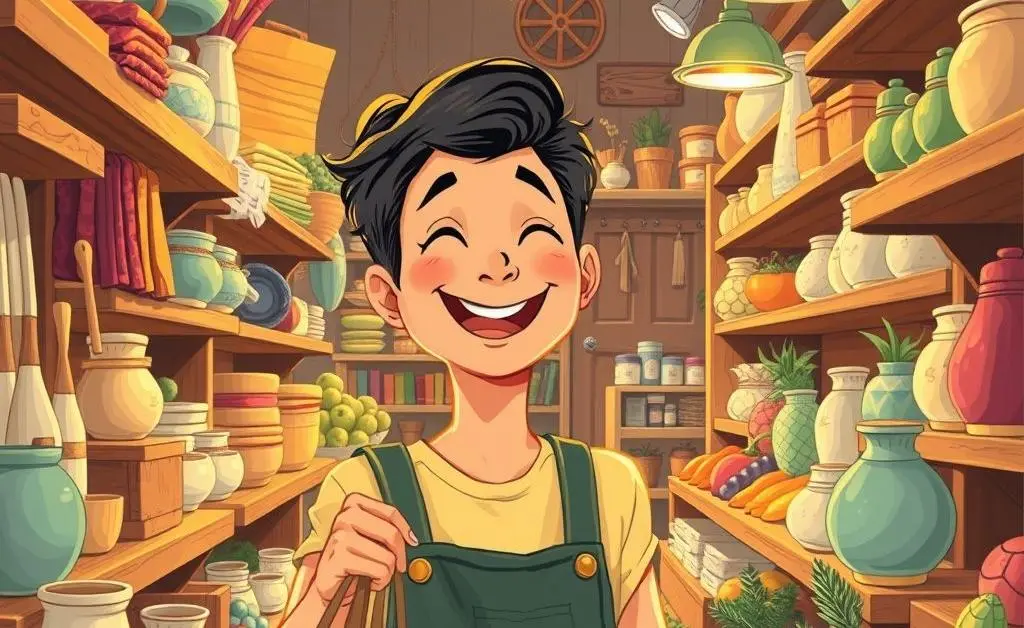 An illustration of a person joyfully shopping for quality items at a small local store.