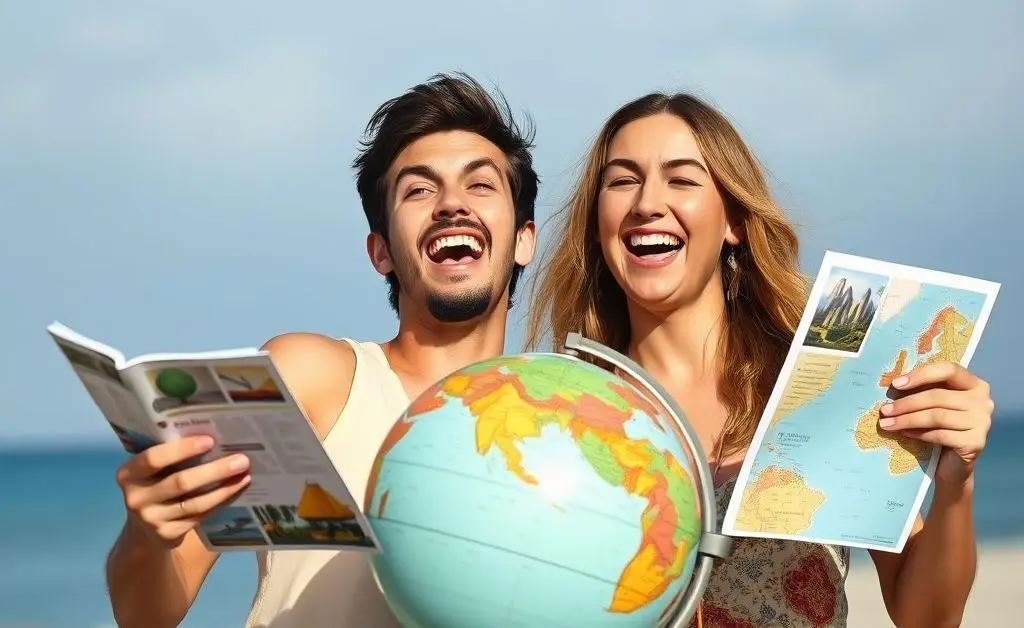 A couple excitedly planning a spontaneous vacation