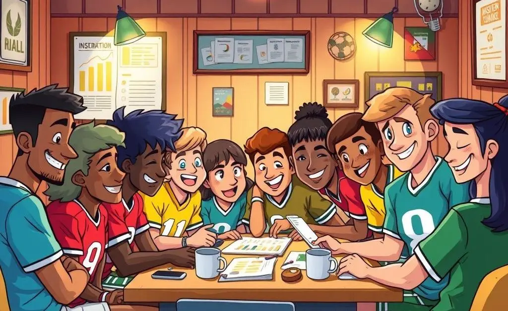 A sports team huddled together planning for insurance