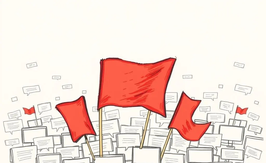 Hand-drawn image of red flags popping up over online messages.