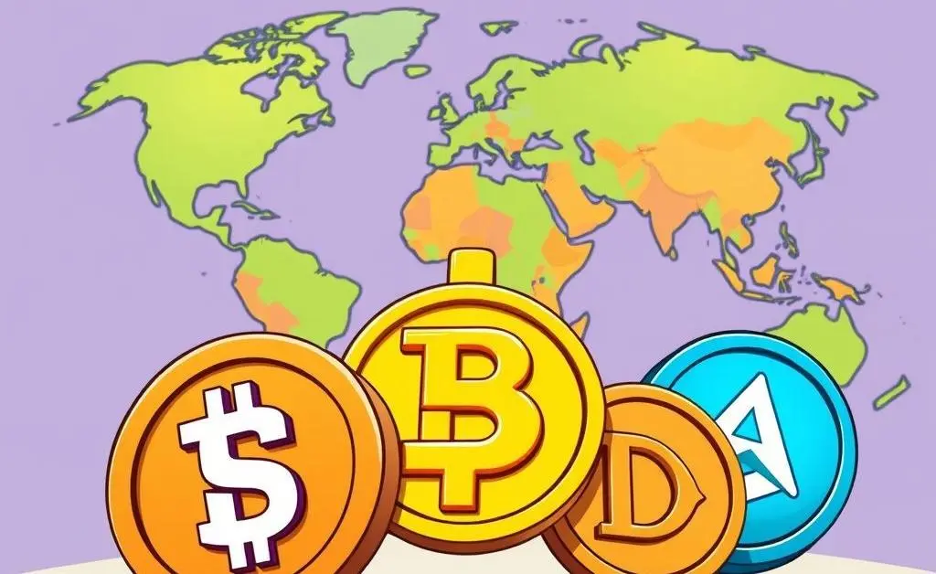 Illustration showing different stablecoin symbols with a map in the background