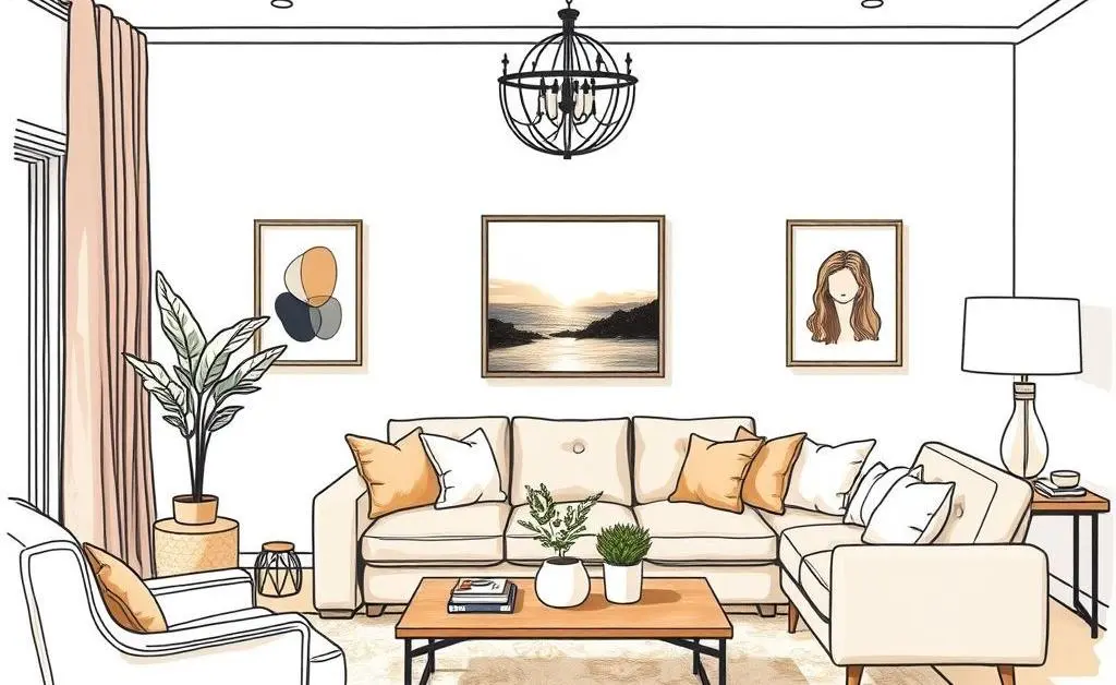 Cozy, staged living room with stylish furniture and decorations.