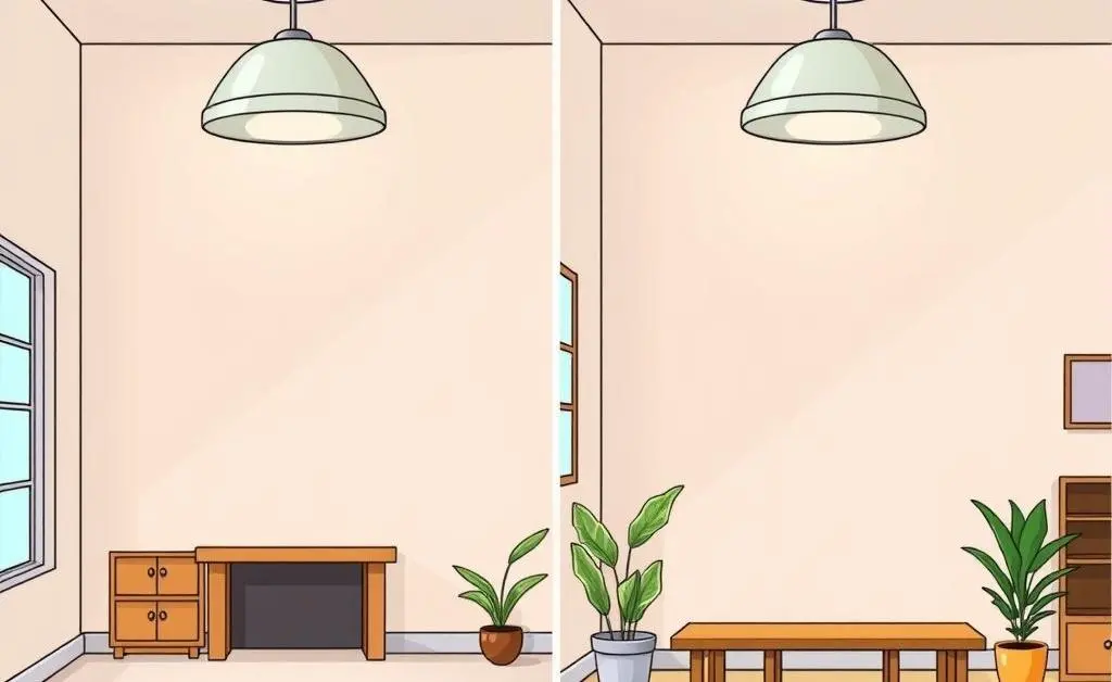 Side-by-side cartoon comparison of an empty and a staged room.