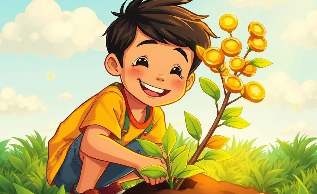 Cartoon of a young person planting a tree with coin leaves