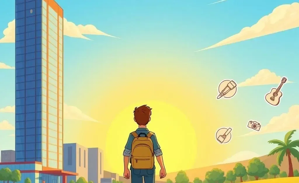 Person walking away from an office building towards a sunny horizon