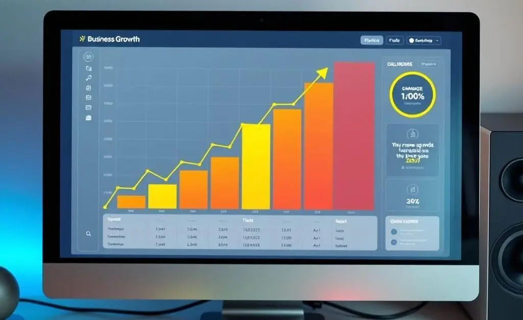 A rising growth chart displayed on a computer screen with post-it notes and motivational quotes around it.