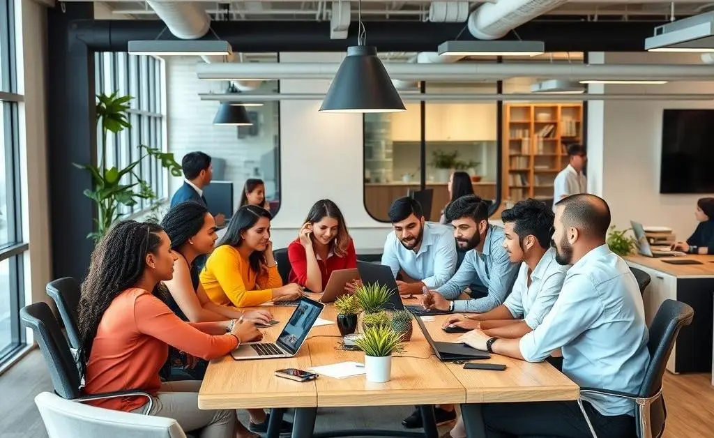 An open-plan office with a diverse team collaborating around a table, surrounded by modern tech gadgets.