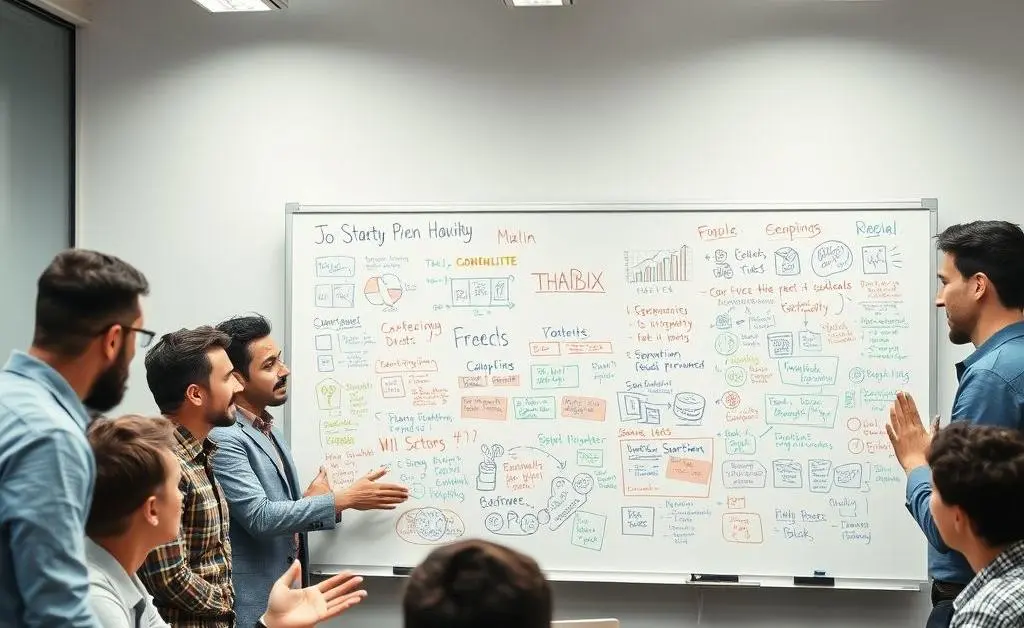 A group of people discussing strategies around a whiteboard