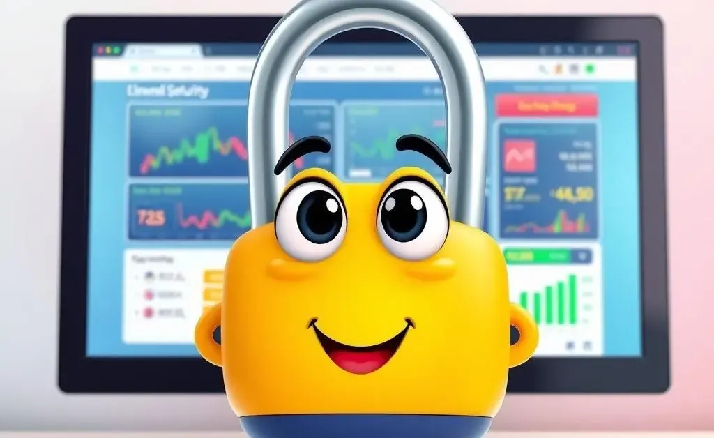 Cartoon-style lock with a computer screen displaying a financial website.