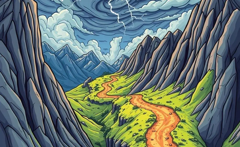 A cartoon of a winding path through mountains, symbolizing a journey through volatile financial markets.