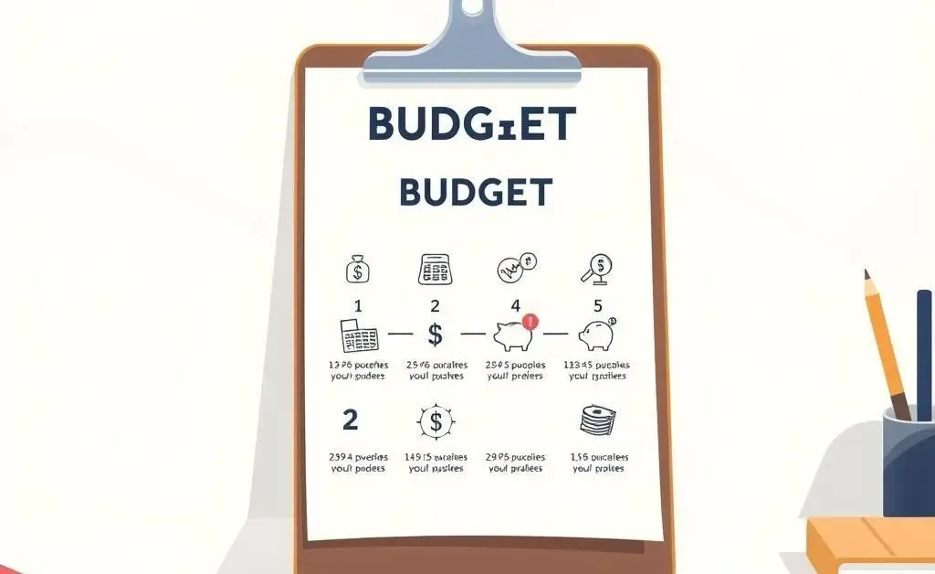 Illustration showing a step-by-step guide with budget steps on a clipboard.