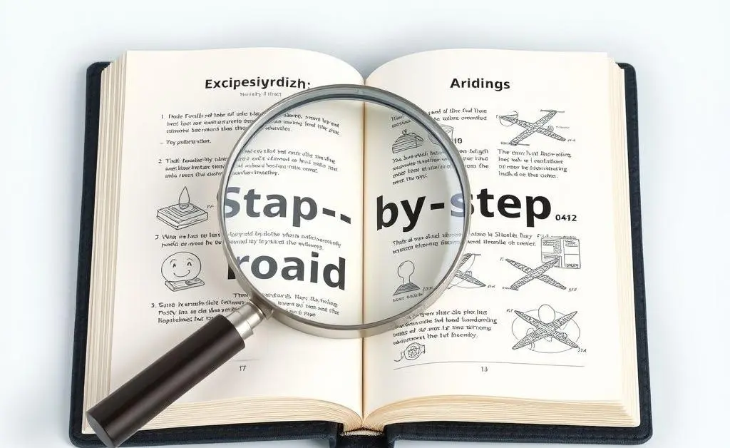 A step-by-step guidebook with a magnifying glass over it