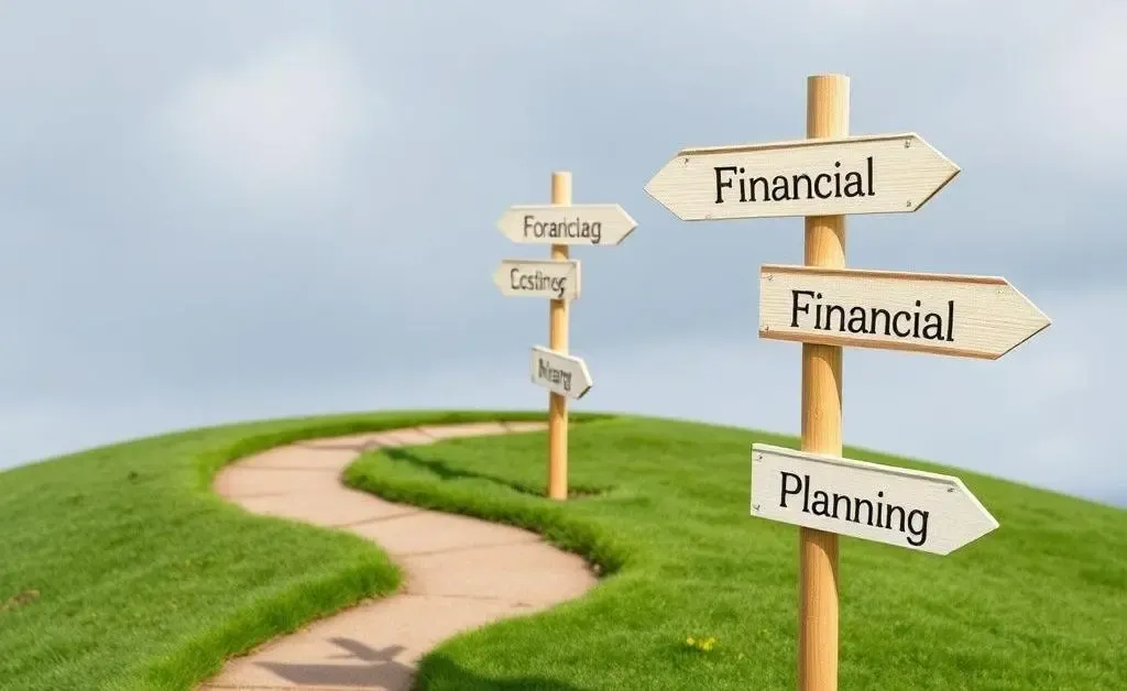 A winding path with signposts marking different stages of financial planning.