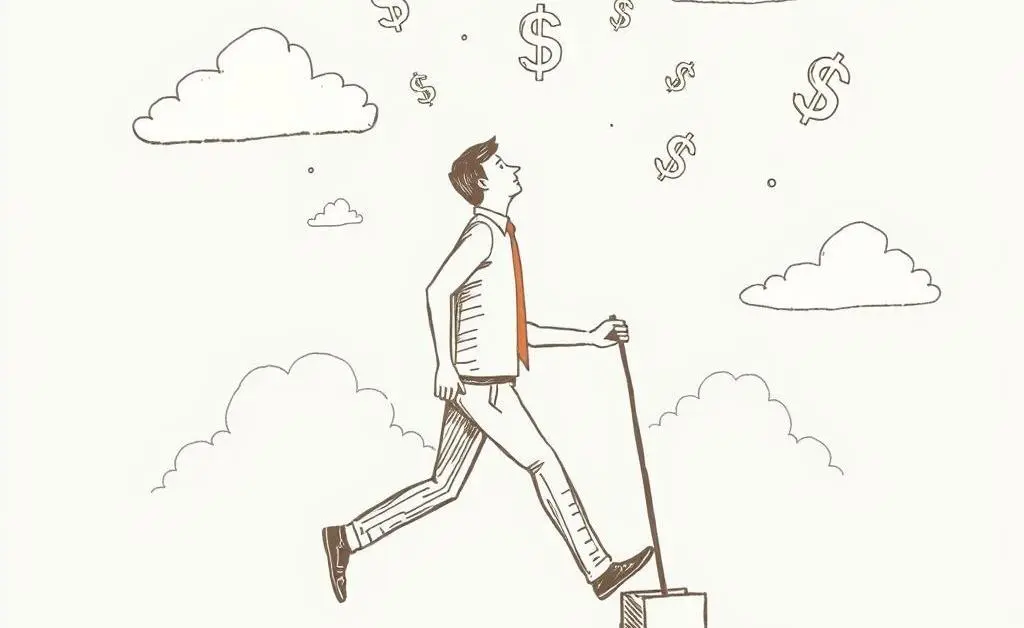 Hand-drawn style image of someone taking measured steps with financial symbols in the sky.