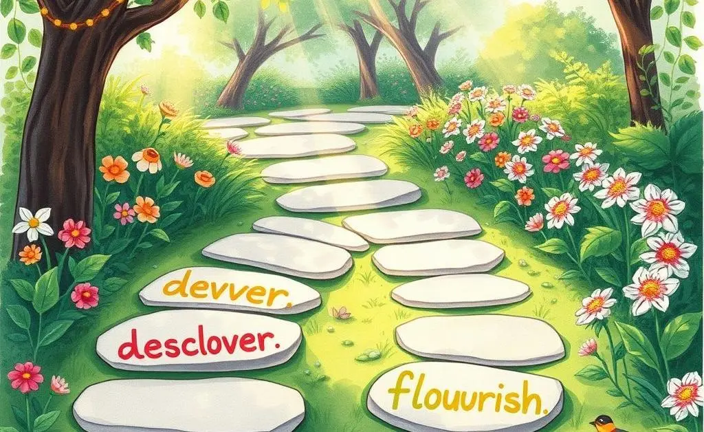 Illustrated pathway labeled with words like 'learn', 'grow', and 'thrive'