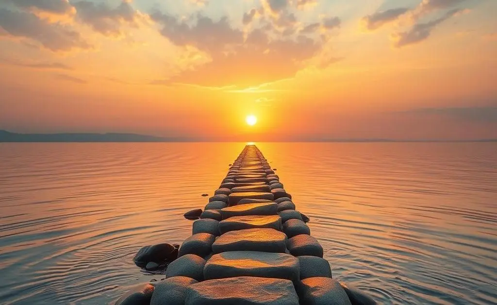 A series of stepping stones leading towards a bright horizon, symbolizing career progress.