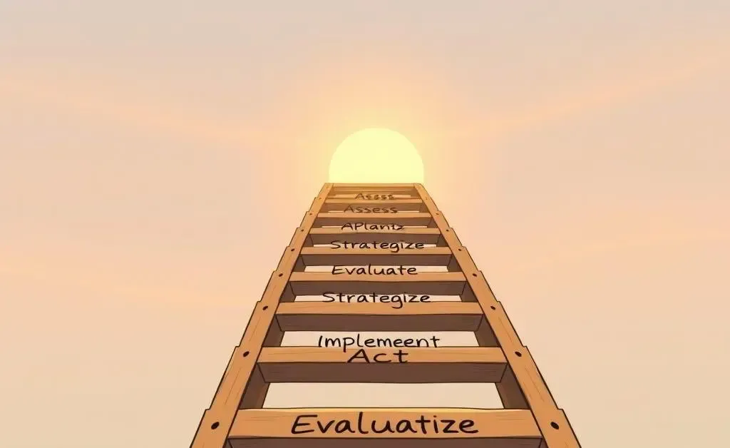 A ladder with labeled steps such as Assess, Plan, and Act showing a path to financial security.