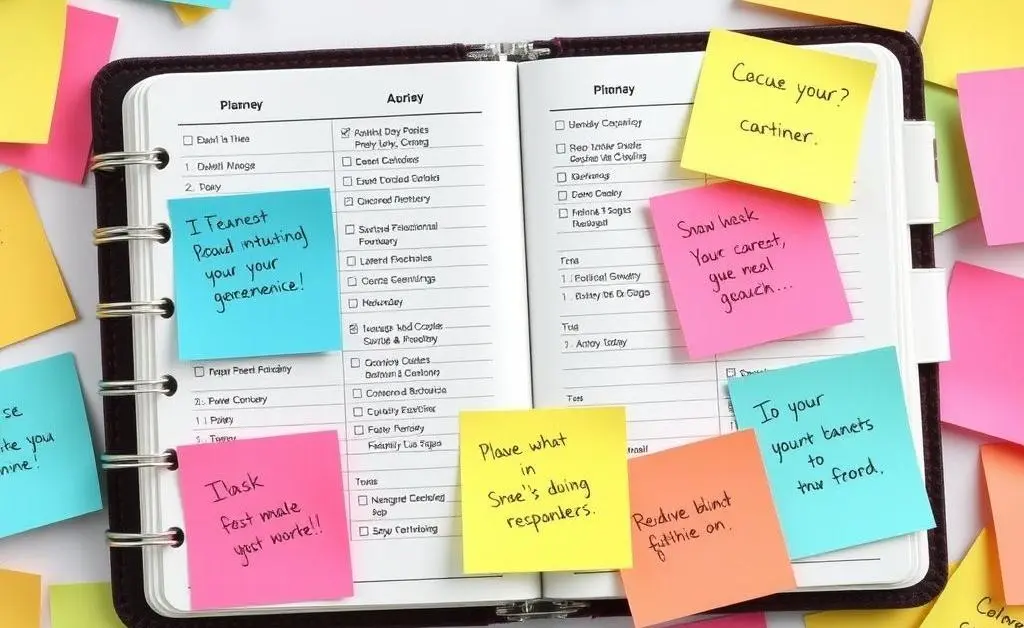 A planner surrounded by colorful sticky notes with tasks and positive reminders