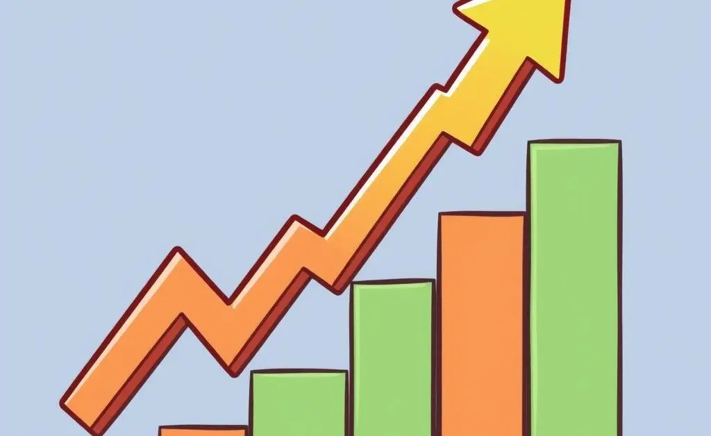 Cartoon-style chart displaying stock trends with an arrow pointing upwards