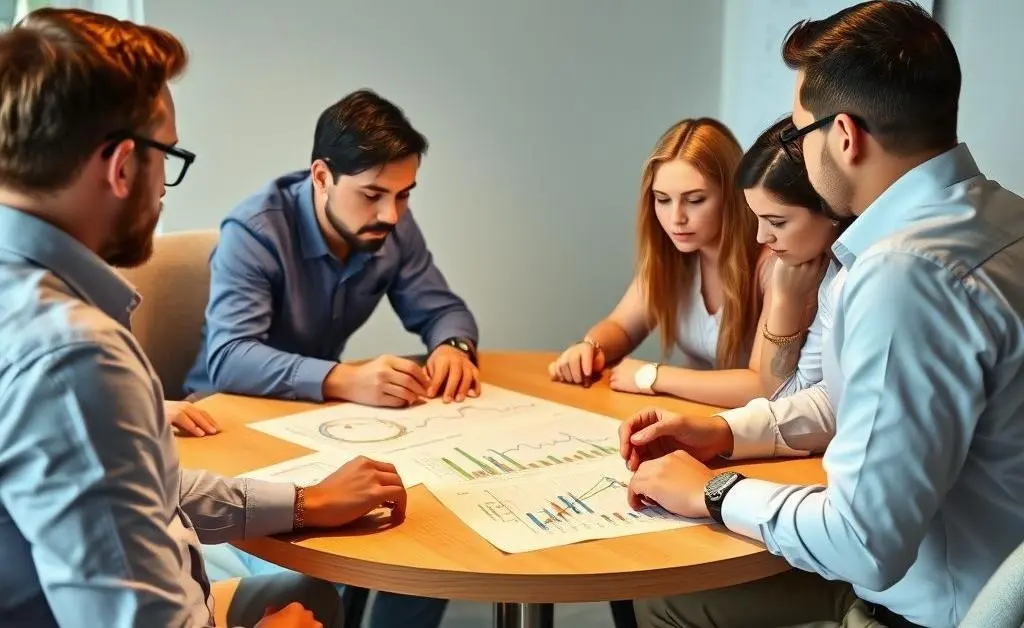 People gathered around a table discussing investment charts.