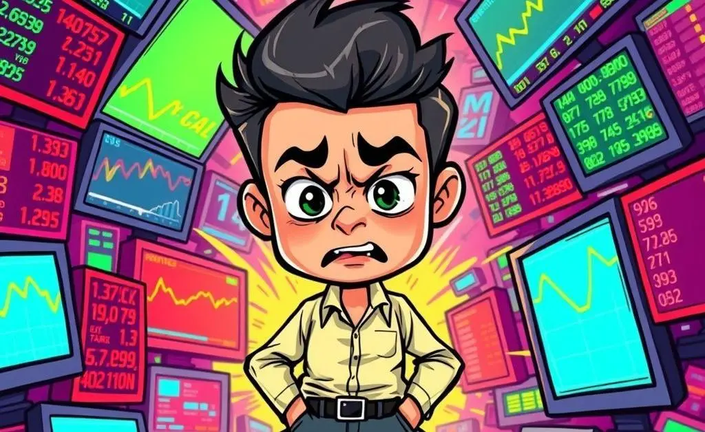 An anxious investor looking at multiple stock tickers.