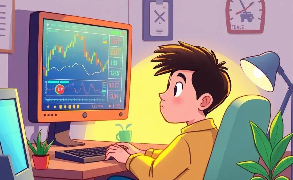 A calm person analyzing stock numbers on a computer screen