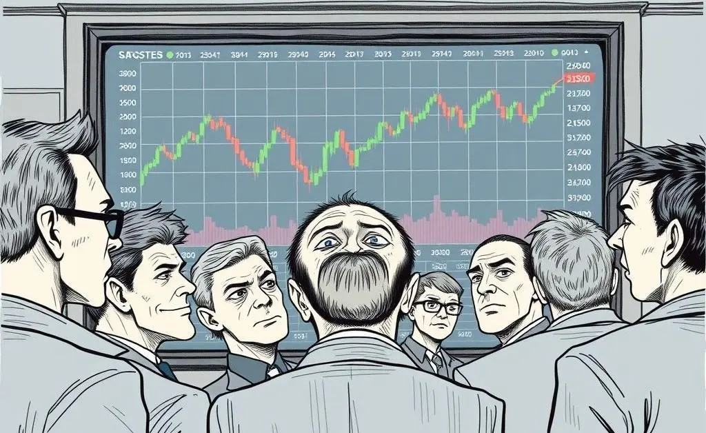 Hand-drawn aesthetic of investors anxiously watching stock market charts.