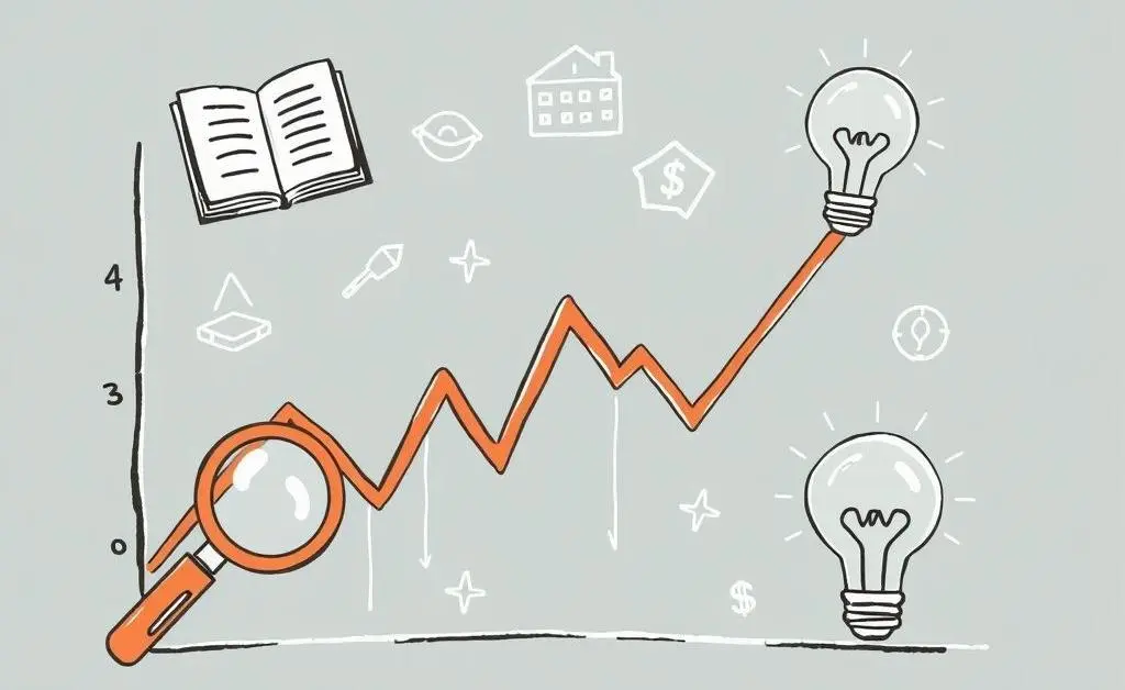 Educational stock market chart with learning symbols