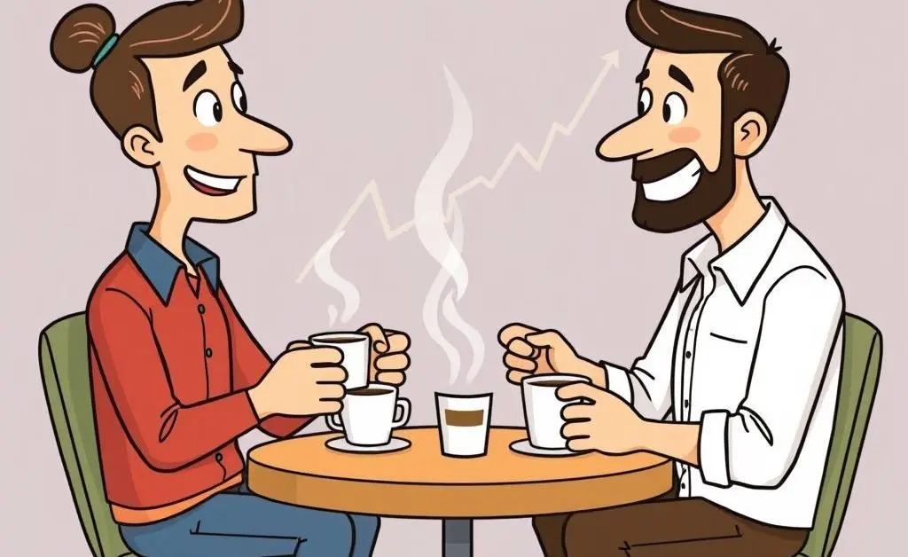 Cartoon-style image of two friends discussing the stock market over coffee.
