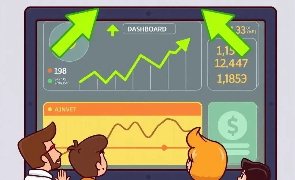 Cartoon-style image of a friendly-looking stock market dashboard display with investors watching