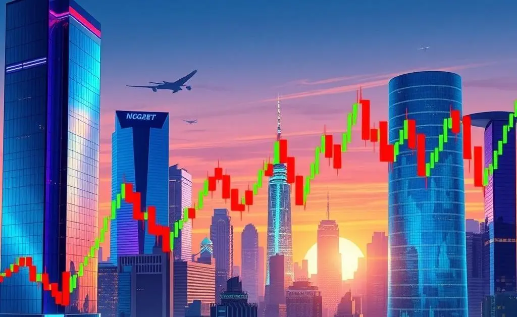 Illustration of a modern city skyline with stock market graphs overlaying, showing market volatility.