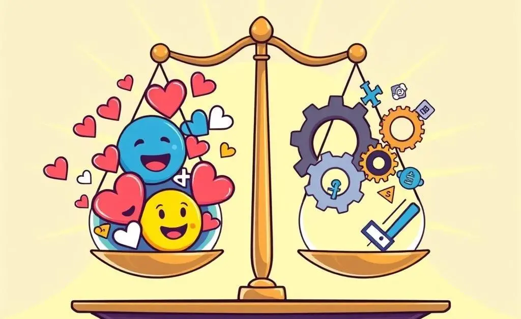 A cartoon of a balancing scale with emotions on one side and logic on the other, representing the balance needed in investing.