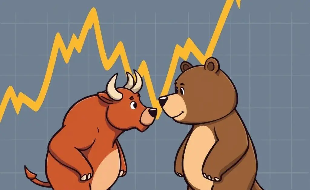 A cartoon bull and bear facing off in front of a fluctuating stock market graph
