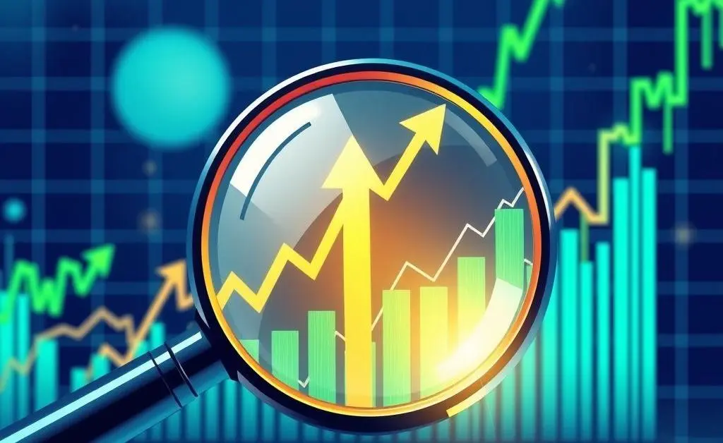 Illustration of a magnifying glass focusing on stock market growth trends, with arrows and graphs.