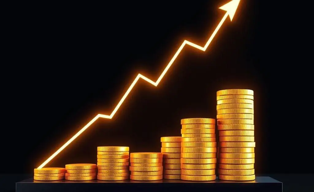 Illustration showing a growing stock market graph with stacks of coins.